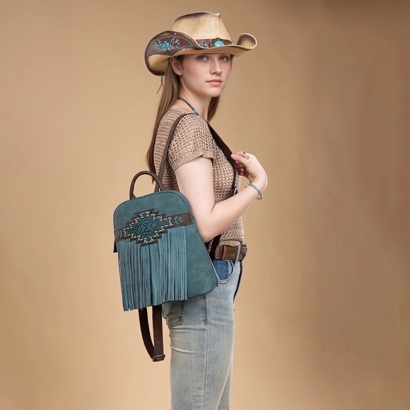 Trinity Ranch Aztec Tooled Fringe Concealed Carry Backpack Turquoise - Picture 5 of 6